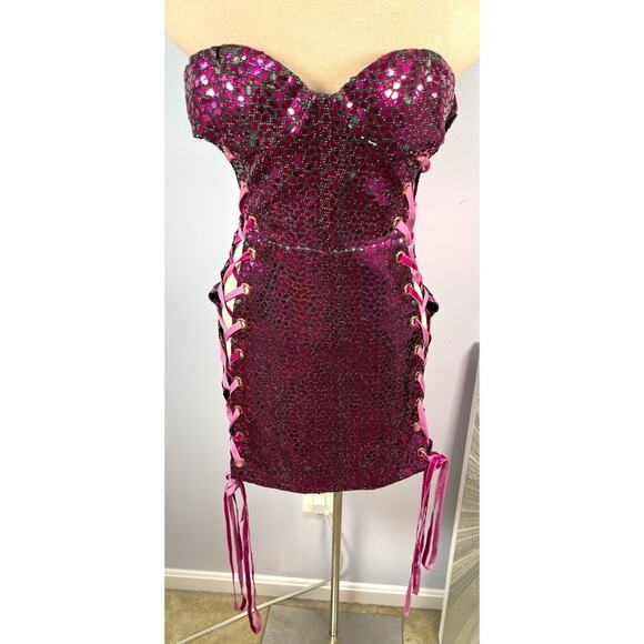 Bronx and Banco Juliette Lace Up Mini Dress & Gloves in Pink & Purple Size L - Picture 7 of 16